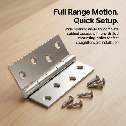 Close-up of 24 Pack 3.5 Inch Stainless Steel Folding Butt Hinges with Mounting Screws on wooden surface