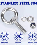 Set Of 8 M10 Eye Bolts With Nuts And Washers, 304 Stainless Steel Built Tough Heavy Duty Lifting Rings, Shoulder Style Eye Bolts