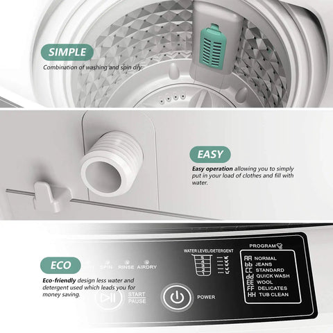 No Sweat Full Automatic Portable Washing Machine With Smart Drain Pump And Auto Water Control Compact Laundry Washer control panel with easy operation features.