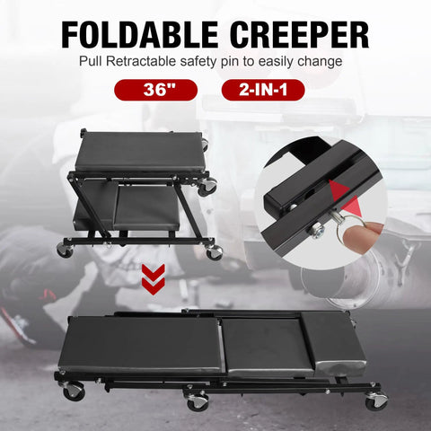 Smooth Operator Two In One Foldable Garage Shop Creeper Folds To A Stool For Laid Back Breaks Thick Padded Vinyl Seat 36 Inch Wide Black Stand Takes 300 Lbs Heavy Load On Six Gliding Caster Wheels