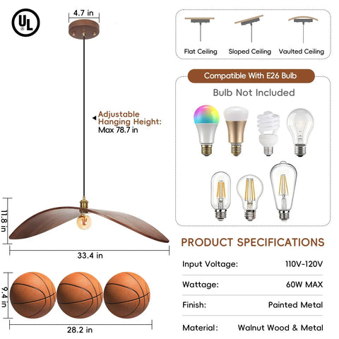 33.4" Large Wood Pendant Lights, Mid-Century Modern Natural Black Walnut Wood Pendant Light Fixture with adjustable height.