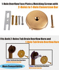 1-Hole Overflow Face Plate and screws for No Sweat Champagne Bronze Universal Tub Drain Conversion Kit with compatibility details.
