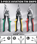 Three Pack Aviation Tin Snips for cutting metal sheets with heavy duty CRV steel blades, 10-inch cutters for straight, left, right cuts
