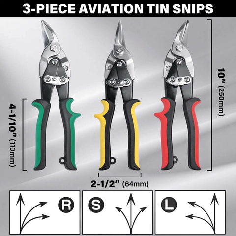 Three Pack Aviation Tin Snips for cutting metal sheets with heavy duty CRV steel blades, 10-inch cutters for straight, left, right cuts