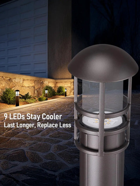 Close-up of one 8-Pack Low Voltage Landscape Pathway Lights 3W Bollard LED 12 To 24 V, 3000K Warm White, illuminating driveway