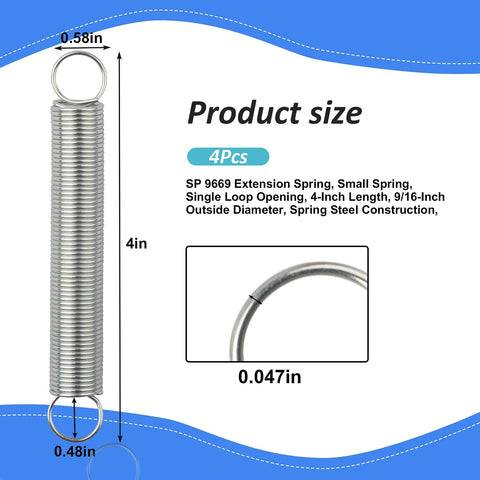 Front view of 4-pack SP 9669 extension springs with single loop ends, 4-inch length, 9/16-in outside diameter, spring steel.