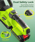 Close-up of cordless hedge trimmer handle with dual safety lock details