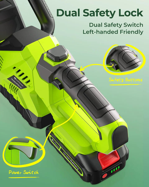 Close-up of cordless hedge trimmer handle with dual safety lock details
