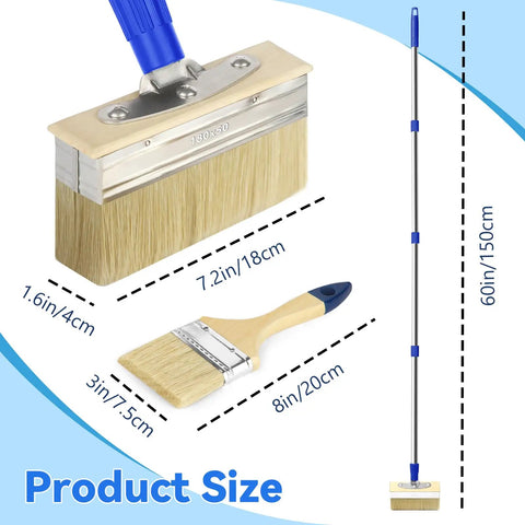 7 Inch Deck Stain Brush Kit With 60 Inch Long Handle And 3 Inch Small Brush For Wood Stains Oils Decking Fence Coatings Furniture And Outdoor Projects, displaying two brushes and long handle with measurements.