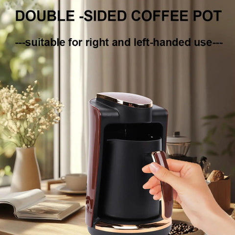 Person using Turkish Coffee Pot Electric Turkish Coffee Maker 550W 250ML Tea Warmer in kitchen setting