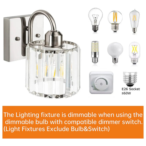 Three-Light Brushed Nickel Vanity Light Fixture For Bathroom Over Mirror With Crystal Accents, bulb options shown.