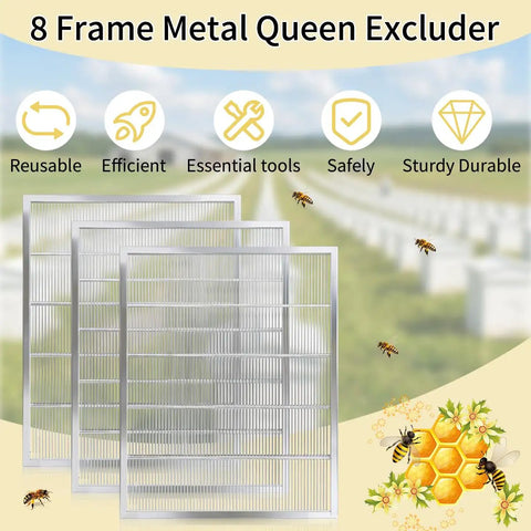 Image of 8 Frame Metal Queen Excluder Set For 8 Frame Beehives, 3 Pack Beekeeping Equipment with bees and honeycomb icons