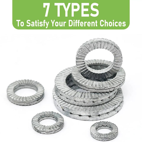 10 Pack Hot Shot Silver M8 Precision Wedge Locking Washers Crafted From Badass 65 Manganese Steel Featuring Ultra Double Interlock Grip For Zero Sweat Bolt Security stacked in various sizes.