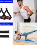 Wall Hook Resistance Band Mount System For Home Gyms with comfortable foam handles and adjustable ankle straps in use.
