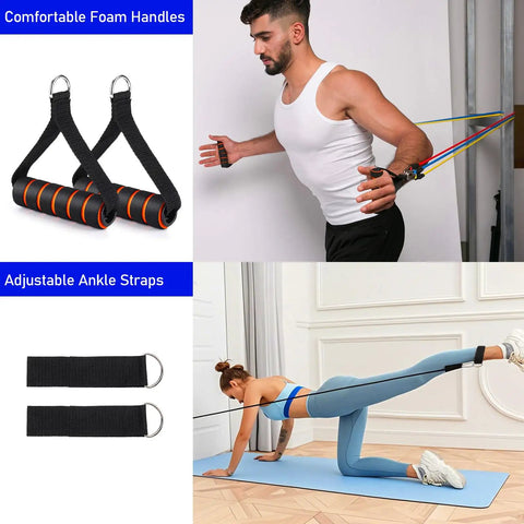 Wall Hook Resistance Band Mount System For Home Gyms with comfortable foam handles and adjustable ankle straps in use.