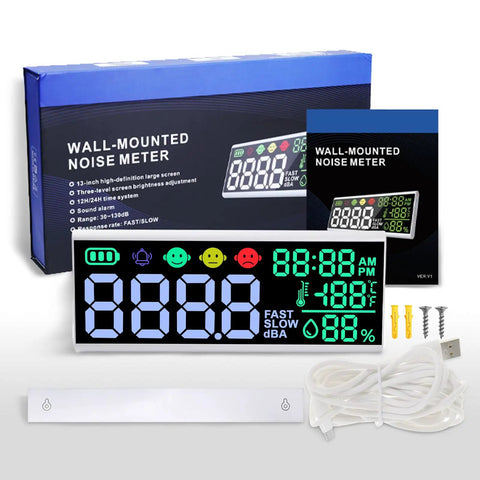 Massive 13 Inch LED Sound Level Meter With Time Temperature Humidity Large Display Wall Mount Or Desktop Noise Monitor With Buzzer Alarm And Icon Indicators For Classroom Studio Home Use in box