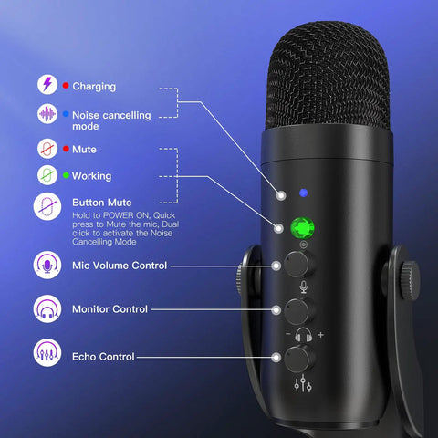 Dual Wireless USB Microphone Kit With 2.4GHz Wireless Tech showing controls for noise reduction, mute, and gain monitor.