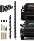 2 Pack Short Truck Antennas For Universal Fit On Ford F Series Ram Dodge Chevy Silverado GMC Sierra Toyota Tundra Tacoma Jeep Wrangler And More With Tire Valve Caps Included, featuring black antennas, valve caps, and truck parts.