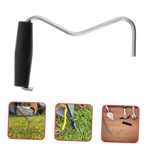 Tent Stake Puller Tool For Camping Peg Remover And Extractor, lightweight metal and plastic design shown with ground extraction uses