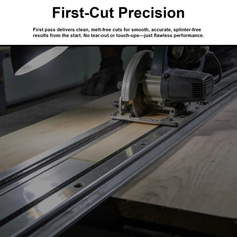 118 Inch Splinter Guard Replacement Strip for Track Saw Rails with saw cutting wood on guide rail for precision cuts