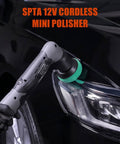 Cordless Mini Polisher 12V Multi Polisher in use on car headlight, with visible polishing pad, designed for auto detailing.