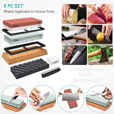 All In One Knife Sharpening Kit With Dual Grit Wet Stone System 400 1000 And 3000 8000 Flattening Stone Angle Guide Non Slip Bamboo Base