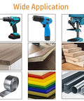 Wide application showcasing 8 Piece Titanium Coated HSS Twist Drill Bit Set Featuring Serrated Side Cutting Edge with various tools and materials.