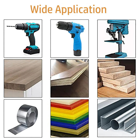Wide application showcasing 8 Piece Titanium Coated HSS Twist Drill Bit Set Featuring Serrated Side Cutting Edge with various tools and materials.