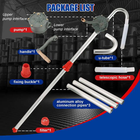 Rugged Aluminum Drum Pump Fits 5 To 55 Gallon Containers Delivers 8 GPM Flow With Smooth Rotary Hand Action Built Damn Tough For Zero Hassle Oil And Fuel Transfers Corrosion Proof Lightweight Frame Crushes Daily Garage Grind Effortlessly package list with pump, handle, connections, and filter.