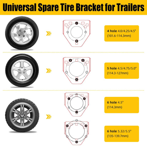 Diagram of Spare Tire Mount For Utility Trailers With 3 Nut Design Heavy Duty Tire Carrier for different lug bolt patterns.