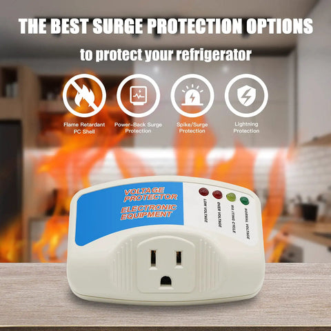 Four Pack Surge Protector With Automatic Voltage Guard, 120V 15A 1875W Capacity showcasing protection features on kitchen counter