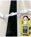 Hassle Free Adjustable Door Latch To Keep The Kiddos Locked Out Of Cat Zones, white strap on door, adhesive backing, baby safe.