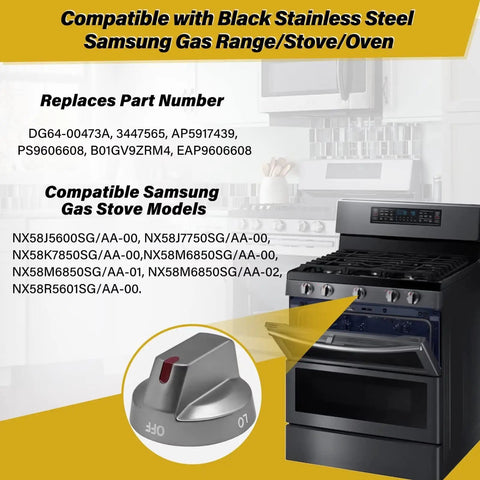 Upgraded Gas Stove Knob Replacement Set, 5 Pack Thick Metal Ring Reinforced Dial Knobs, Fingerprint-Resistant Black Stainless Steel, Compatible With NX58J5600SG NX58J7750SG NX58M6850SG