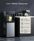 4 In 1 Water Dispenser With Ice Maker, Hot And Cold Water Cooler, Bottom Loading, Eco Mode, in kitchen next to coffee machine.