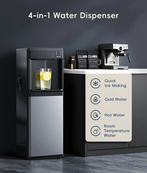 4 In 1 Water Dispenser With Ice Maker, Hot And Cold Water Cooler, Bottom Loading, Eco Mode, in kitchen next to coffee machine.