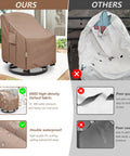 Comparison of weatherproof patio chair covers: brown Oxford fabric cover versus damaged white cover on swivel chair