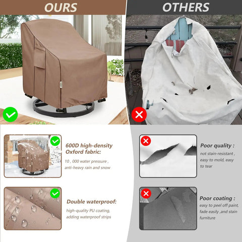 Comparison of weatherproof patio chair covers: brown Oxford fabric cover versus damaged white cover on swivel chair