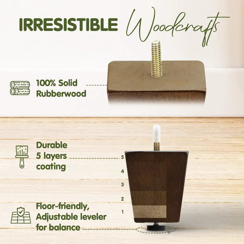 3 Inch Square Wood Furniture Legs Set Of 4 With Levelers showing layers, made from solid rubberwood with walnut finish and adjustable leveler