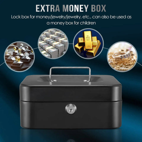Fireproof Safe Box With Lock Waterproof Safe Bag Included Built To Last For Cash Jewelry Pistol Documents And Files Digital Cabinet Safe For Office Or Home Use, extra money box with images of jewelry, cash, and gold bars