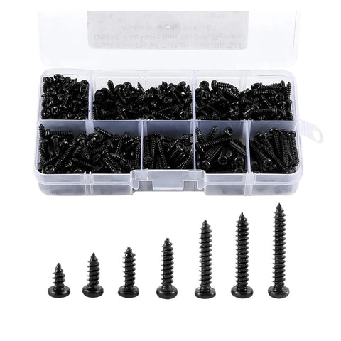 500 Piece Pan Head Self Tapping Drilling Screws Assortment Kit In Carbon Steel Black Finish M3 Size Range 6 8 10 12 16 18 20 mm