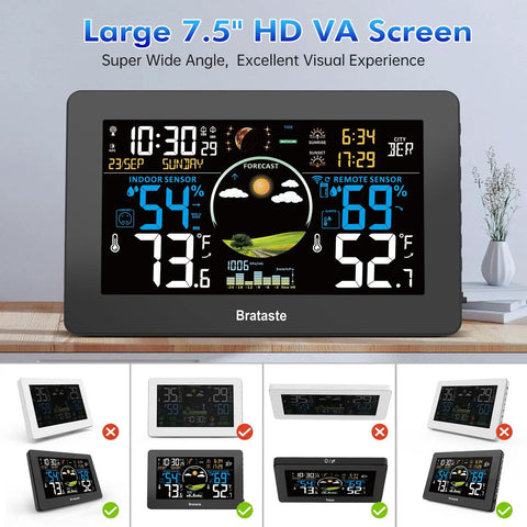 All In One Weather Station With Wireless Indoor Outdoor Sensor 7.5 Inch HD VA Display Digital Thermometer Accurate Temperature And Humidity Readings Weather Forecast Atomic Clock Remote Sensor Easy Home Weather Monitoring, showing screen with temperature readings.