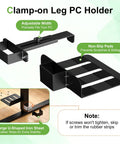 Clamp-on Leg PC Holder, adjustable width, black metal design, non-slip pads, fits under desk for secure computer storage.
