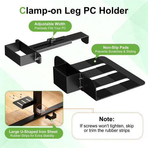 Clamp-on Leg PC Holder, adjustable width, black metal design, non-slip pads, fits under desk for secure computer storage.