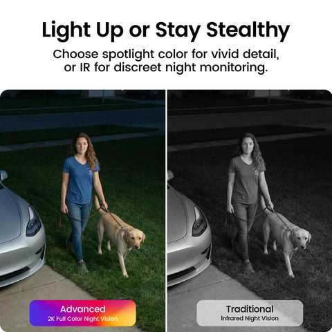 Comparison of advanced 2K full color night vision and traditional infrared on Wireless Outdoor Security Camera Kit With Local Storage.