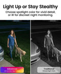 Comparison of Wireless Outdoor Security Cameras 2K HD With Color Night Vision showing color vs infrared at night with woman walking dog.