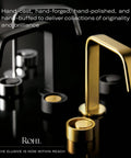 Black and gold modern faucets with circular handles on sleek black surface, showcasing contemporary design and elegance.