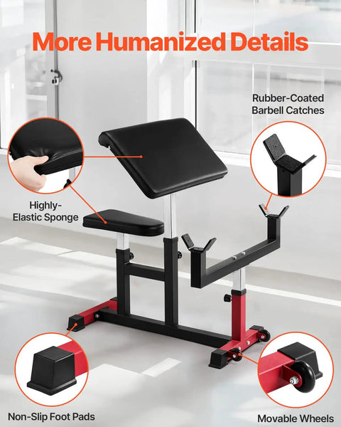 Heavy Duty Preacher Curl Bench For Home Gym Setup Seated Bicep Curl Station With Barbell And Dumbbell Capability, details shown