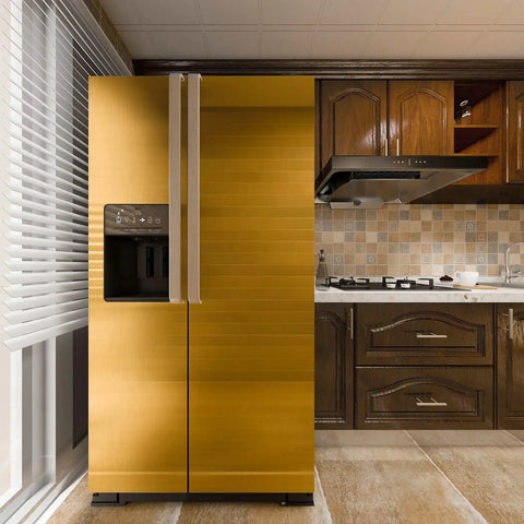 Gold Stainless Steel Look Peel And Stick Wallpaper Self Adhesive Cleanable Removable For Cabinets, Appliances, Refrigerators, Ovens, And Furniture Renovation Glam Up Your Kitchen With A Sparkly Glitter Finish 17.71 In By 78.7 In on fridge