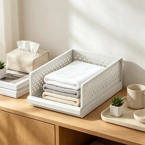 Stackable Closet Organizers Supercharge Your Home Storage Routine With Durable Wardrobe Bins Built For Seamless Bathroom Bedroom And Apartment Organization While You Kick Your Clutter Straight To The Curb. Stackable wardrobe bin holding folded towels.