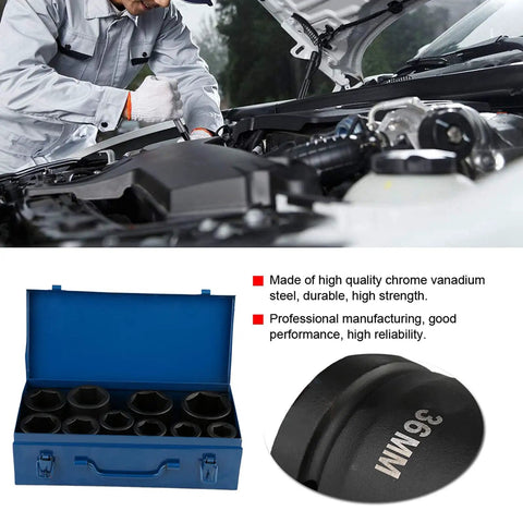 Premium 10 Piece Metric Impact Socket Set With Deep Chrome Vanadium Steel Sockets Ranging From 22mm To 50mm For Heavy Duty Automotive Repair And Professional Garage Work That Is Totally Built Tough, 36mm socket in blue case